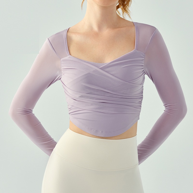 Cross-pleated yoga long sleeve women's chest pad openwork mesh short quick-drying exercise T-shirt fitness top Cross-pleated yoga long sleeve women's chest pad openwork mesh short quick-drying exercise T-shirt fitness top