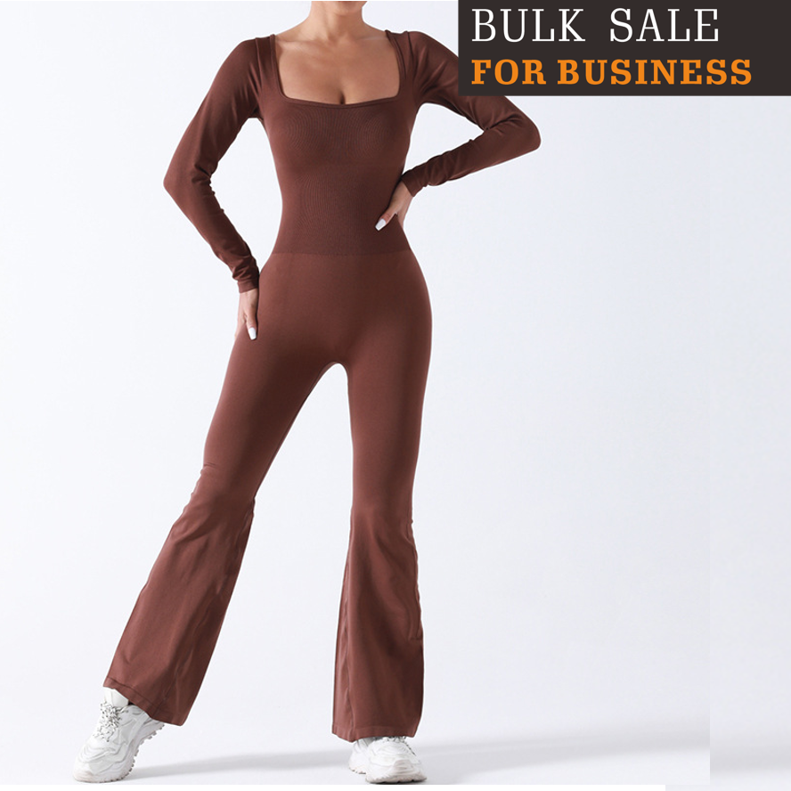 Seamless square neck long sleeve flared yoga jumpsuit, high stretch casual one-piece yoga onesis