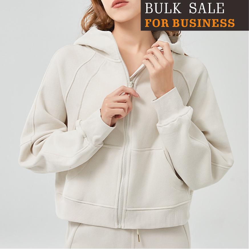 Fleece hooded loose fit yoga wear athleisure zip-up top for women