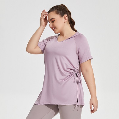 women's hooded short sleeved sports T-shirt plus size long yoga top