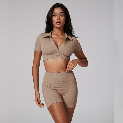 Cropped Top with Collar and High-Waisted Butt-Lifting Shorts Set