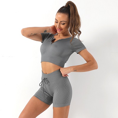 Ribbed Seamless Set with Drawstring Shorts and Half-Zip Top