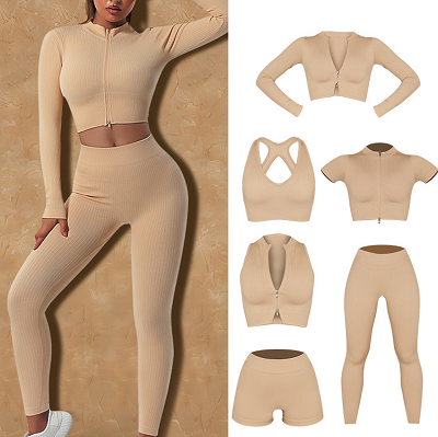 Women's yoga set, long sleeved training jacket, six piece sports Pilates suit