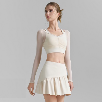 Two pieces yoga clothes, fixed cup, fitness vest, pleated yoga long sleeves