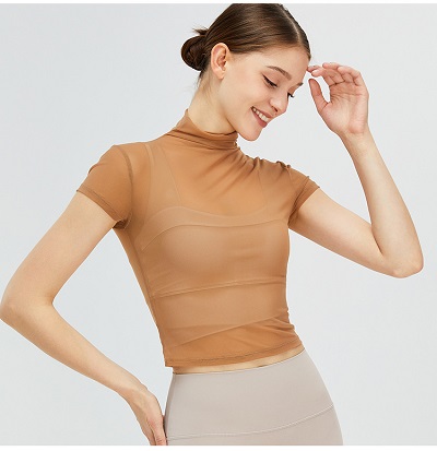 Retro high neck yoga mesh t-shirt women's quick drying sports top