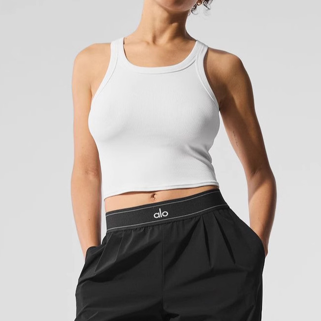 ALO-Inspired Ribbed Tank Top with Built-in Bra | Minimalist Activewear | White Only